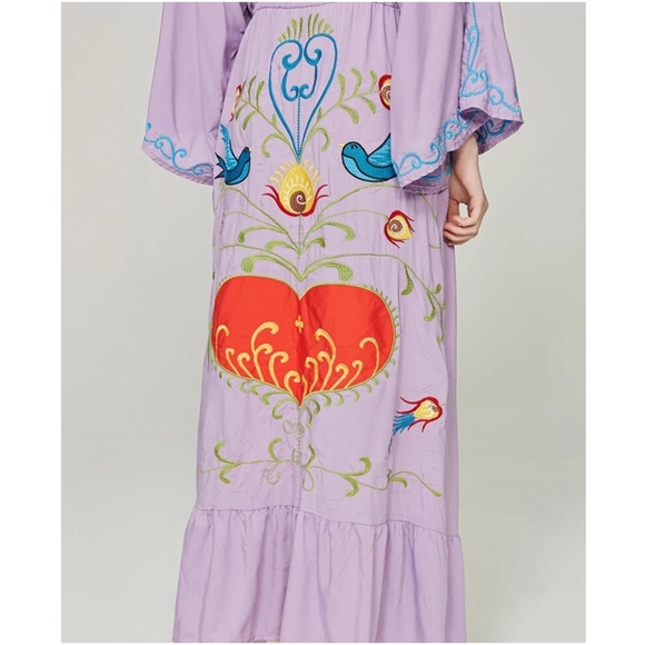 Boho Embroidered Hearts Floral Birds Long Maxi Kimono Dress - Picture 13 of 16